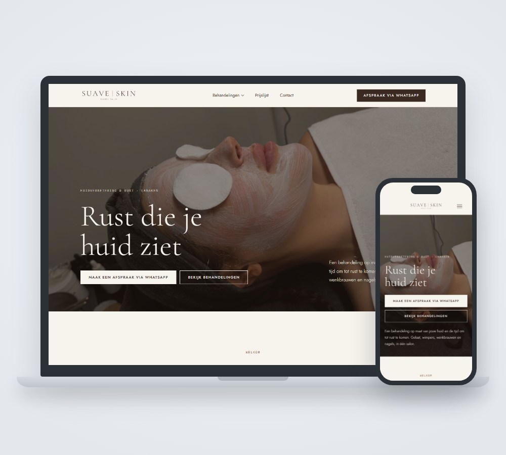 Website van Suave Skin op laptop en smartphone, gebouwd door KP Webdesign